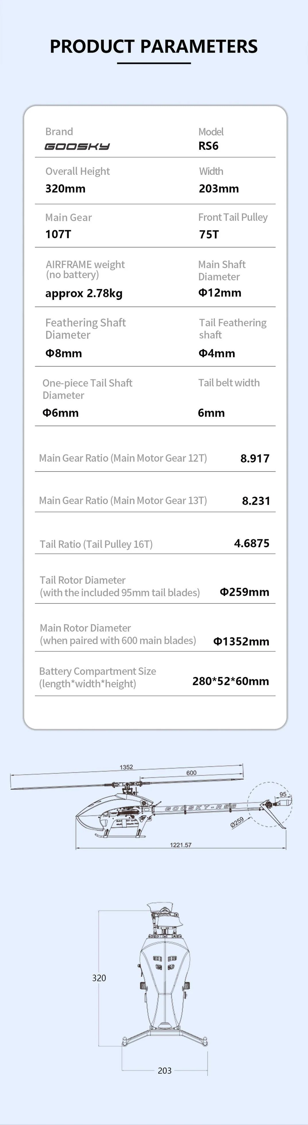 Goosky Legend RS6 Helicopter Kit w/o Blades - Orange (Unassembled)